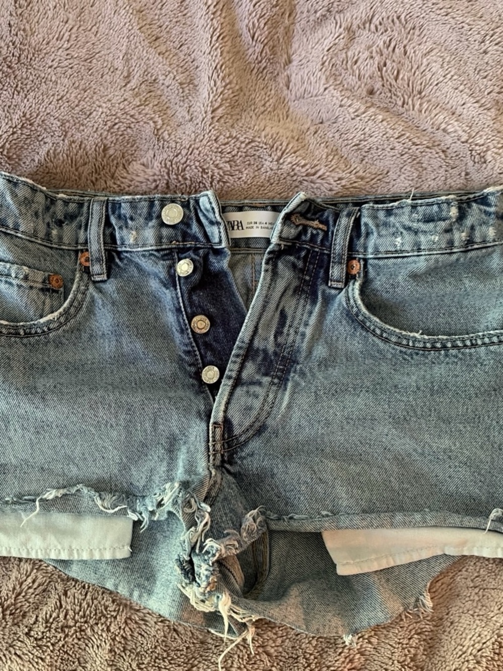 Zara Light Blue Distressed Button-Fly Denim Shorts
